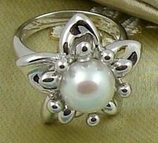 Honora Cultured Pearl 9.5mm Button Flower Sterling Silver Ring - Size 7