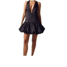 Nasty Gal Dress Womens Size 8 Black Satin Low Plunge Puffball Hem Structured NWT