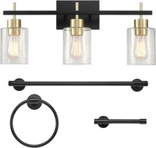 4-Piece All-in-One Bathroom Set Matte 3 Light Vanity Light W/ Clear Glass Shades