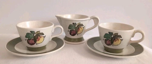 VTG METLOX Pottery Set Poppy Trail 'Fruit' Coffee Mugs, Cups Saucers and Creamer