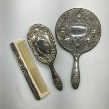 Vanity Set Hand Mirror Brush Comb Victorian Ornate Silver Plated Vintage 1980s