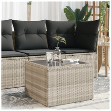 Garden Table PE Rattan Light Grey 55x55x37cm Tempered Glass Top Low Steel Frame