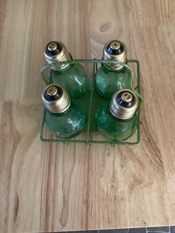 Vintage Green Glass Light Bulb Salt & Pepper Shakers With Rack 2 Sets Christmas