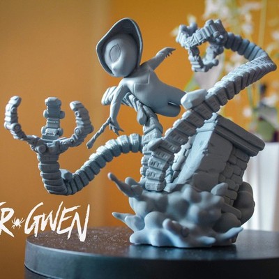 Chibi Spider-Gwen | Chibi Resin Model Kit | Rooftop Battle Scene with Mecha