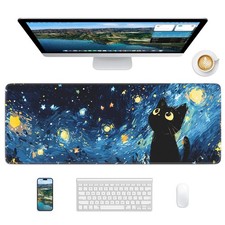 Starry Night Cat Mouse Pad, 31.5 x 11.8 Large Desk Mat with Stitched Edges ...
