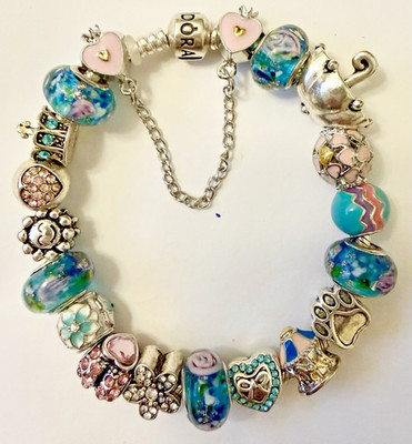  Pandora Bracelet Sterling SILVER Chain w/ Pink & Blue European BEADS Box 8.3 