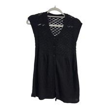 Black Crochet Knit Sleeveless Cardigan Vest V-Neck Button Front Boho Top