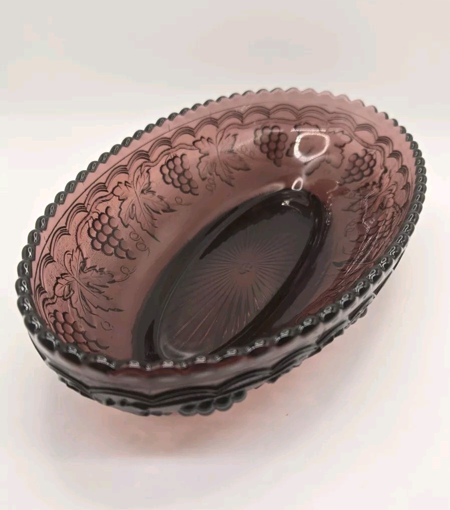 Amethyst Imperial Glass Grapevine Oval Relish Dish Small Chip Vintage Collectible