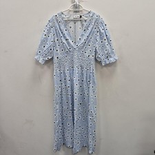 RIXO Sabi Dress Womens 16 Blue Floral Cotton Long Smocked Short Sleeve