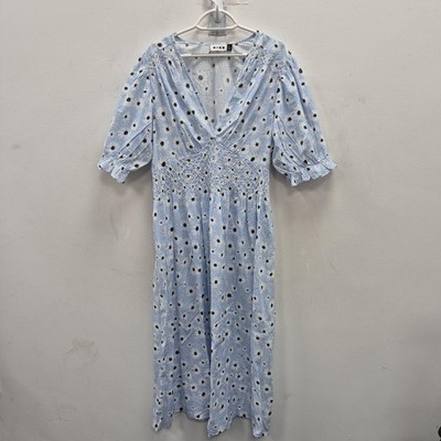 RIXO Sabi Kleid Damen 16 Blau Blumen Baumwolle Lang Gesmokt Kurzarm