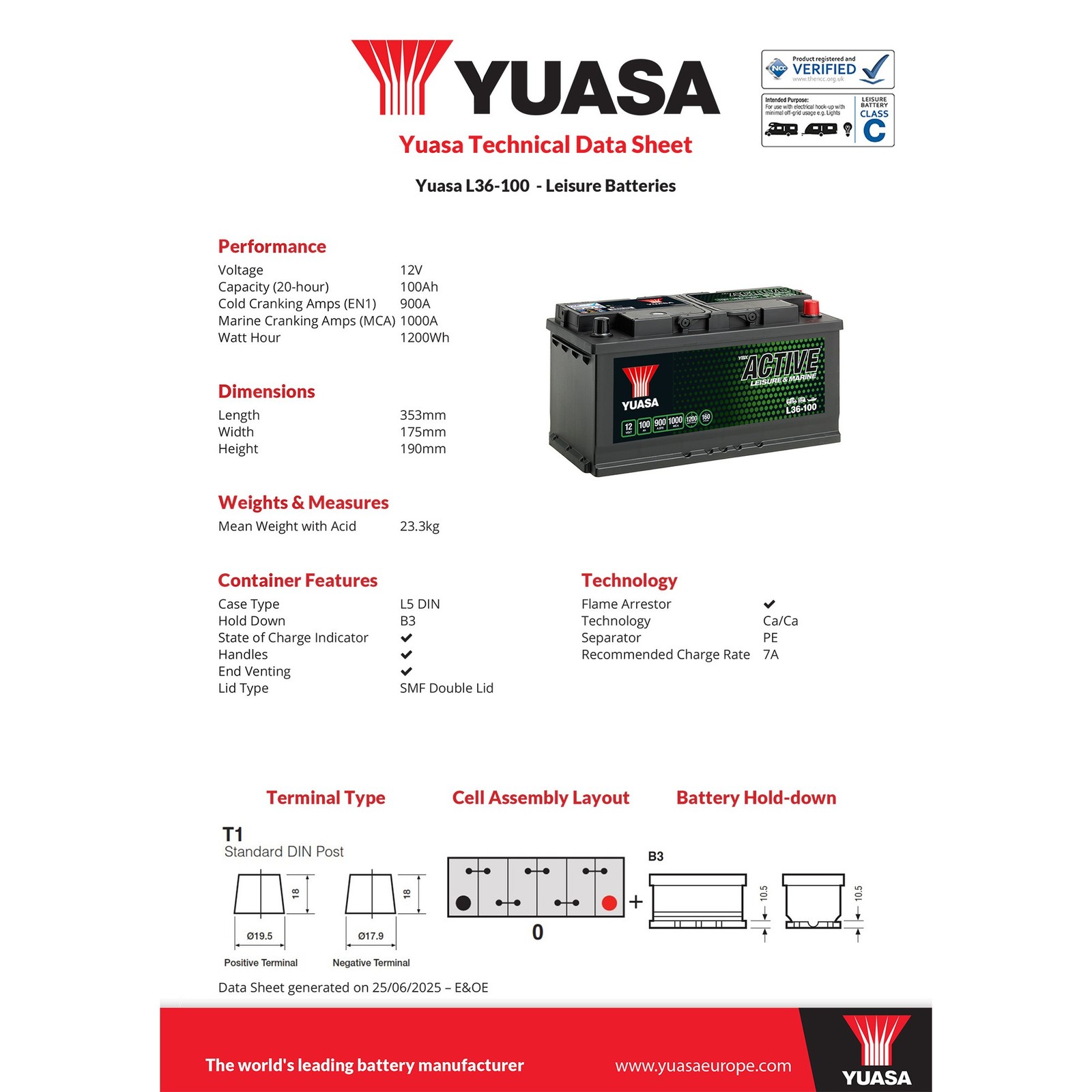 Yuasa L36-100 YBX Active Leisure & Marine Battery - 12V 100Ah 900A