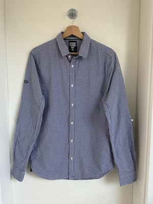 SUPERDRY Herren Hemd M Blau Weiß Kariert 100% Baumwolle Langarm Kragen