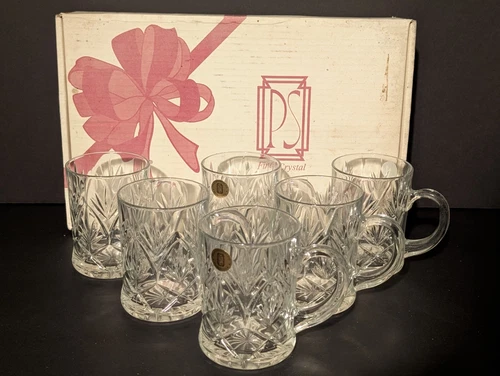 Vintage PAUL SEBASTIAN  Set of 6 Crystal Cut Tempered Glass Mugs - In Box