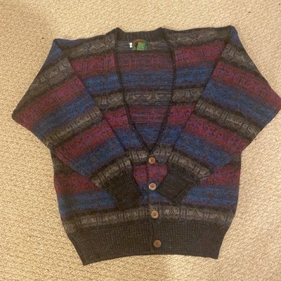 Vintage Boston Traders Mens Hand Knit Wool Cardigan L Turquoise Blue NICE!
