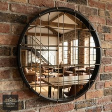Round industrial Style Mirror, Metal Wall Mounted Cage Front & Distressed Frame