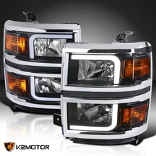 Black For 2014-2015 Chevy Silverado 1500 LED Tube Headlights Chrome Trim 14-15