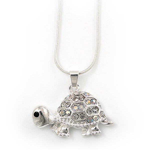 Cute Crystal Turtle Pendant Necklace In Rhodium Plated Metal - 44cm Length