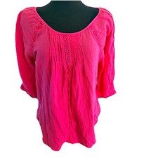 Nine West Blouse Womens L Crochet Boho Peasant Top 3/4 Sleeve Fuchsia