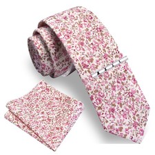 Mens Pink Cotton Ties for Wedding Beige Slim Flower Tie Skinny Necktie and Po...