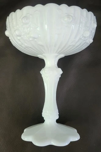 Vintage Fenton Glass Compote Candy Dish Bowl Cabbage Rose White Milk Glass #2