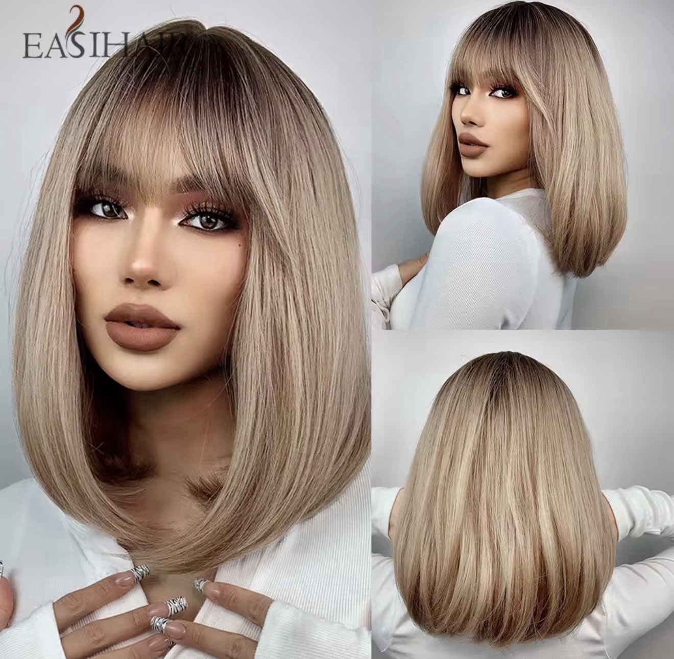 Perruque synthétique frange cheveux courts lisses 40cm pour vos soirées et fêtes