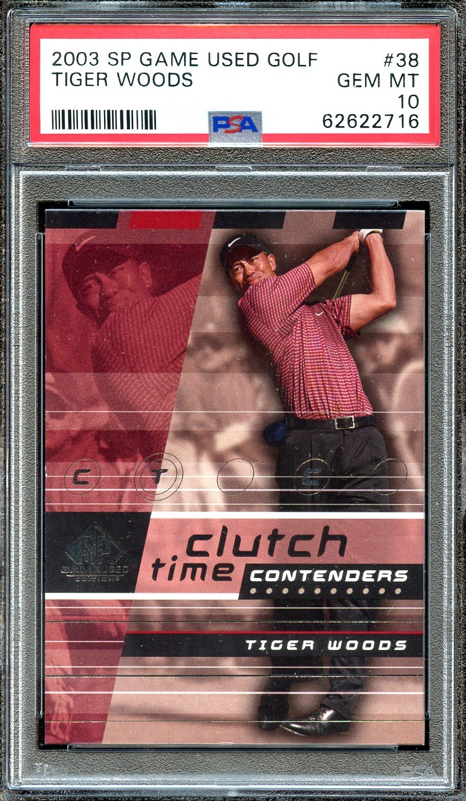 2003 SP Game Used Golf Tiger Woods Clutch Time Contenders PSA 10 Gem Mint GOAT view 1
