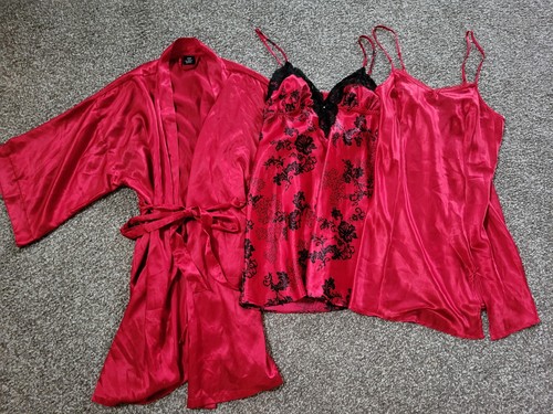 Apt 9 Lot of 3 * Robe & 2 nightgowns Shiny Red Black * Size L