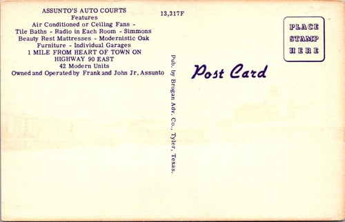 LAKE CHARLES, LOUISIANA ASSUNTO'S ROADSIDE AUTO COURT - POSTAL DE LINO VINTAGE - Imagen 2 de 2