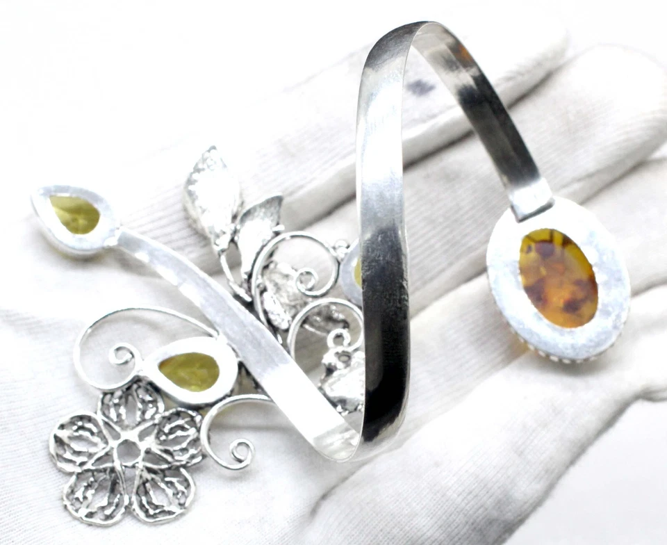 Bracelete de prata esterlina 925 âmbar báltico e pedras preciosas citrinas S-ADJ - Imagem 4 de 4