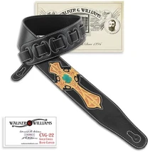 Walker & Williams CVG-22 Christian Black Leather Guitar Strap Carved Gold Cross 