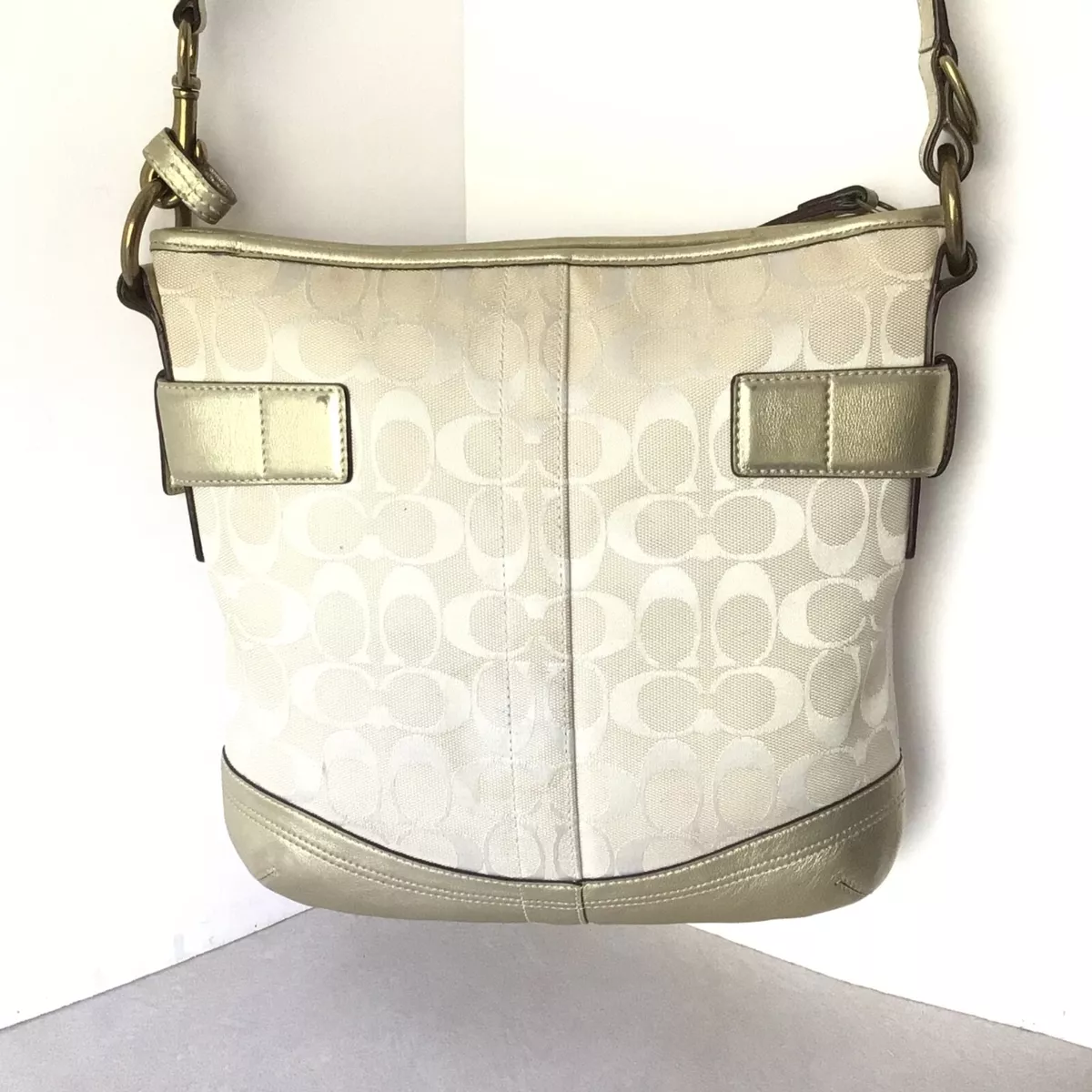 COACH Shoulder Bag Signature 3574 2WAY Canvas And Leather With Metallic Gold EUC