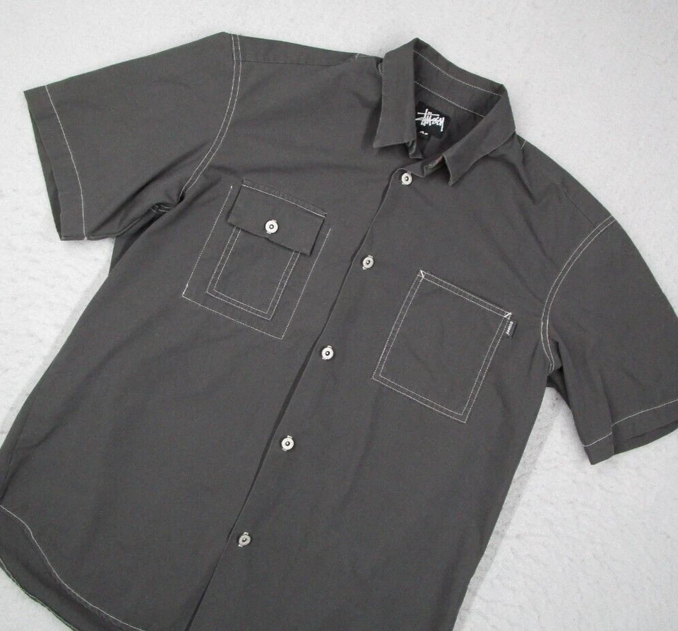 Camisa Stussy De Colección Para Hombres Gris Mediana Abotonada Patín Ropa de Calle Hecha en EE. UU. Foto 2 de 4
