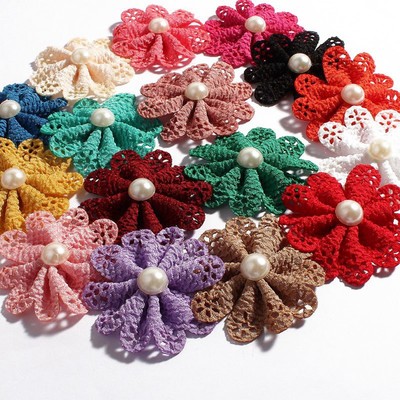 50pcs Heads Artificial Fabric Flowers Accessories With Pearl For Baby Headbands