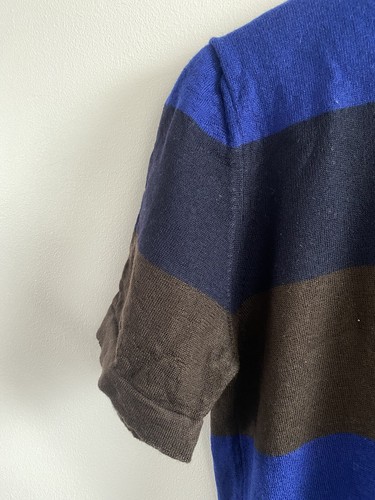 MR P. MR PORTER Jumper Mens Medium Navy Blue Brown Striped Merino Wool Sweater - Picture 7 of 16