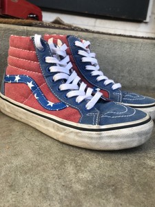 red white and blue high top vans