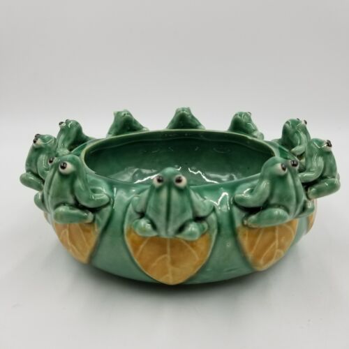 Vintage raro 10 bonsai di maiolica rana ceramica giglio pad fioriera 8 x 2,5 senza foro - Foto 3 di 9