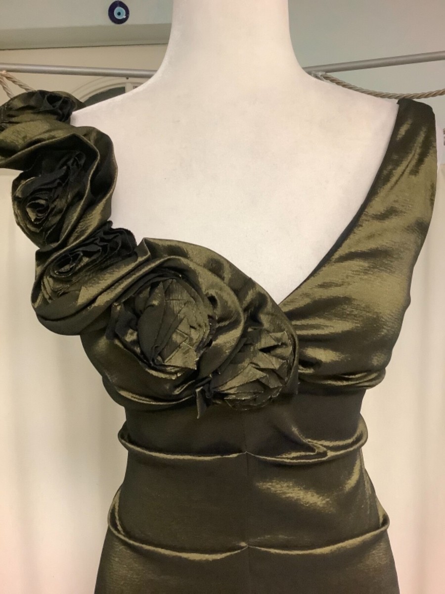 XSCAPE by Joanna Chen Olive Green Iridescent Ruched Flower