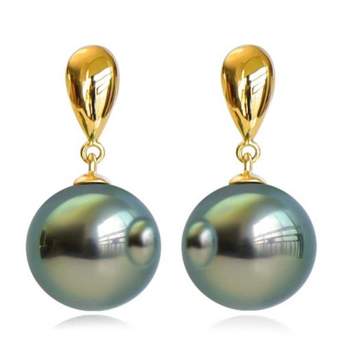 16MM Peacock Blue Shell Pearl Earrings 18K Clip-on Silver Wedding Unisex - Picture 4 of 5