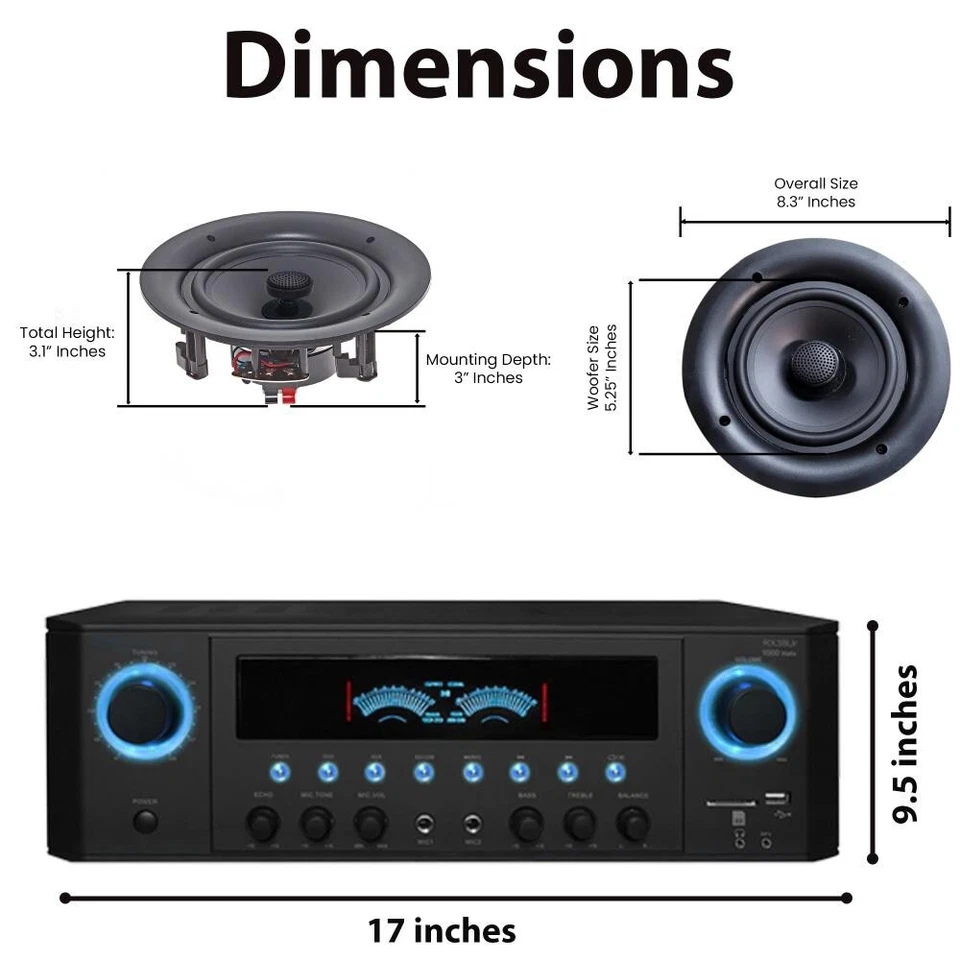Stereo Receiver 1000 W w/ Set of 4 5.25” Ceiling Speakers USB and SD Card Inputs - Image 3 of 4