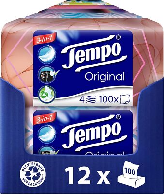 Tempo Original Taschentücher Duo-Box - Vorteilspack - 12 Boxen, 100 Tücher pro