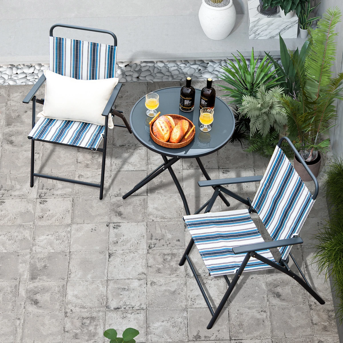 3Pcs Garden Patio Folding Chair Coffee Table Set Outdoor Metal Bistro Furniture