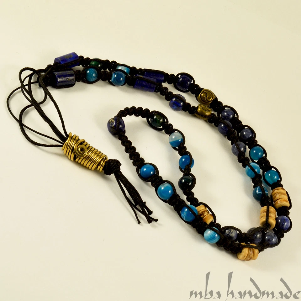 COLLAR SHAMBALLA LATÓN PIEDRAS PRECIOSAS ÁGATA Y LAPISLÁZULITA AZUL MATE PARA HOMBRE Foto 3 de 4