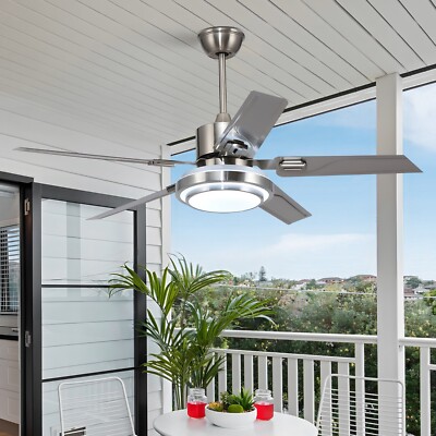 5-Blades Stainless Steel Chandelier 3-Color LED 42'' Reversible Ceiling Fans