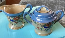 Vintage Japanese Lusterware Creamer  Sugar Bowl w/lid, Blue Yellow Birds