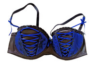 Playful Promises UK 32C Blue & Black Underwired Padded Satin & Lace Plunge Bra