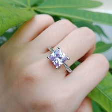 Amethyst Color Princess Cut Simulated CZ Prong 925 Sterling Silver Wedding Ring