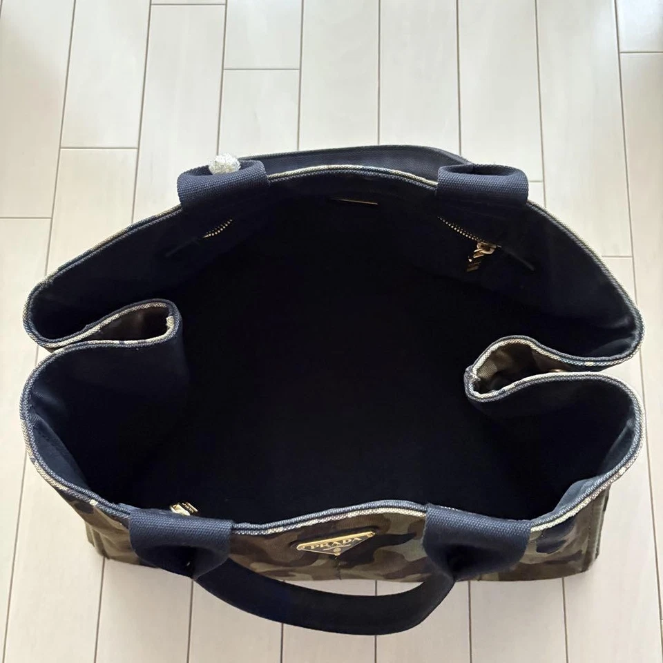 PRADA Canapa Tote Bag Camouflage Canvas 40x25x25cm Khaki Used with Handle Issue - Image 2 of 4