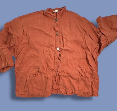 Bryn Walker Linen Button Tunic Top Women's Size M Orange Lagenlook Artsy *read*