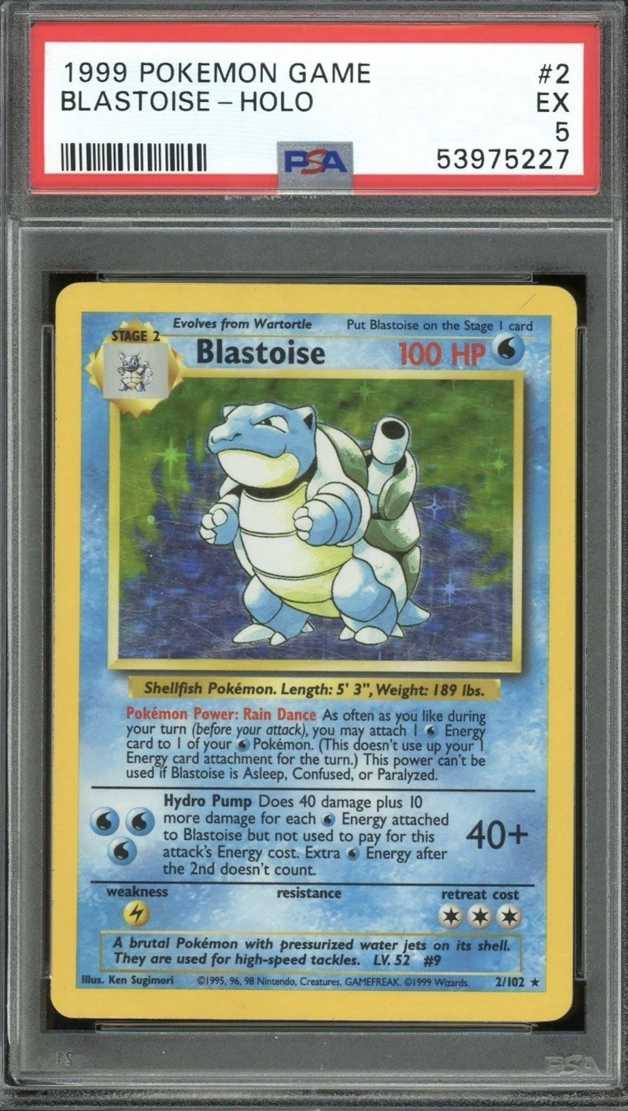 Pokémon Blastoise Base Set 2/102 Holo Rare Stage 2 100 HP PSA 5 Card 1999