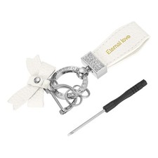 Car Key Chain Ring Clip 5.12" Leather Keychain Key Fob with D Ring, White Silver